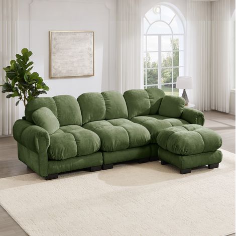Canapé d’angle 3 places vert en chenille avec ottoman mobile et coussins décoratifs (1/5)