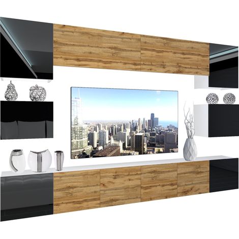 BELINI - Unité Murale TV NEX I Ensemble Muebles de Salon Complet I Ensemble Meuble TV avec Illumination LED I Dimensions: 300 x 180 x 36 cm I Coleur: Noir très Brillant/chêne wotan 2