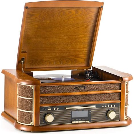 Système de Musique en Bois 8 en 1 avec Platine Disque, Lecteur CD-MP3, sans Fil, Port USB, Radio FM, Lecteur de Cassettes, Enregistrement, Sortie RCA avec télécommande (1/5)