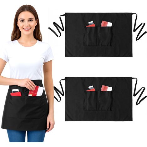 Lot de 3 tabliers de taille noirs avec 3 poches, tabliers de travail courts pour chefs, serveurs et utilisation en cuisine (1/5)