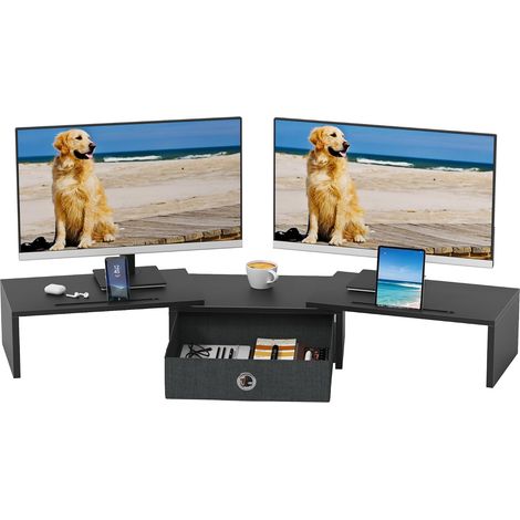 Rehausseur Ecran PC Bureau, 99x23,6cm, Monitor Stand Tiroir, Noir (1/5)
