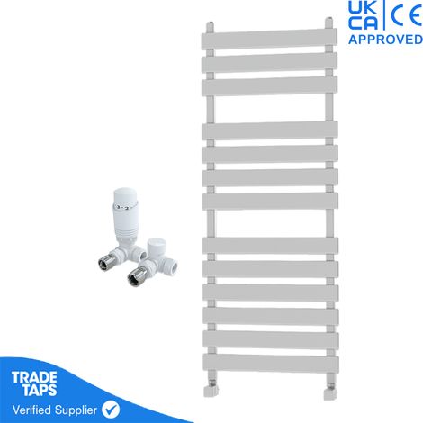 Marvella White Flat Panel Towel Rail - 1300 x 500mm - Corner TRV Valve Pair (1/3)