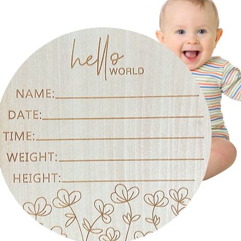 Plaque ronde de 15 cm pour annoncer une naissance, en bois de tilleul, avec la phrase « Hello World » pour la décoration de la chambre de bébé (L4). (1/5)
