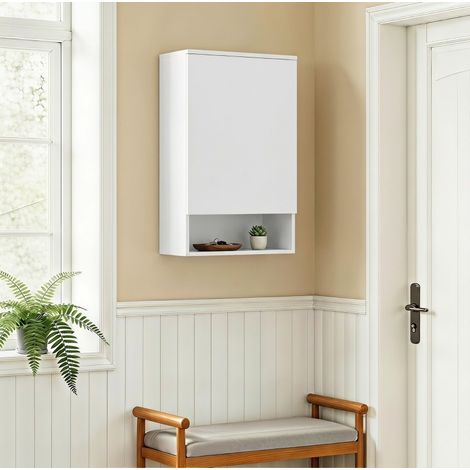 Meuble de salle de bains suspendu blanc, 1 porte et 3 étagères dont 2 réglables, avec niche ouverte, en MDF, rangement mural sans poignée pour vasque ou WC – CHICFURN (1/5)