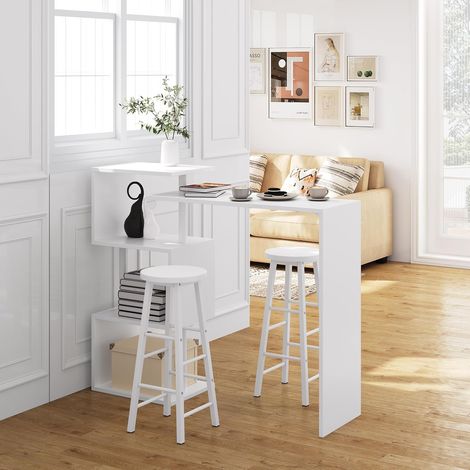 WOLTU 1 Mesa de Bar + 2 Taburete de Bar Mesa de Bistro Sillas y Mesa de Comedor con 3 Estantes Giratoria Estructura de Metal MDF 134x38x112cm (WxDxH) Blanco (1/5)
