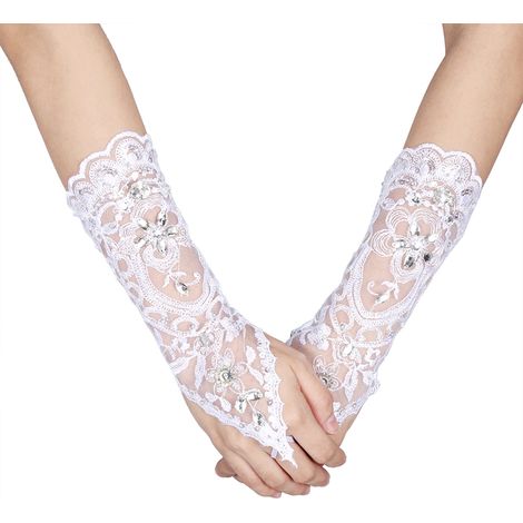 Gants de mariée blancs sans doigts, dentelle ivoire rétro, strass sexy, style bride, fleur, accessoires de cérémonie (1/5)