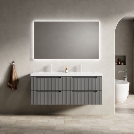 Mueble de lavabo suspendido 120 cm de resina y madera contrachapada, gris oscuro o blanco, con 2 lavabos y 4 cajones (1/5)