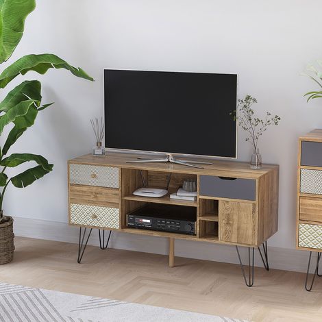 HOMCOM Mueble de TV Estilo Boho con Estantes 4 Cajones y Patas de Metal Mesa para TV de hasta 50'' 120x39x64 cm Marrón (1/5)