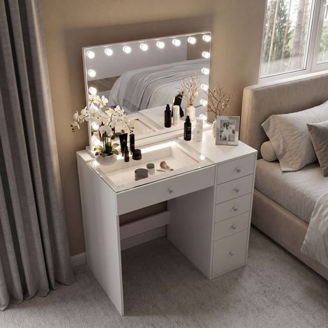 FENCHILIN Coiffeuse avec Miroir LED 6 Tiroirs Blanc 92 x 55 x 139 cm