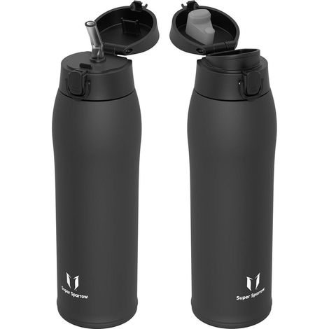 Trinkflasche Edelstahl BPAfrei 350ml 2Deckel 950 ml M- Nähte Schwarz (1/5)
