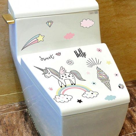 2pcs Autocollants De Toilette Pour Enfants - Licorne De Dessin Anim, Sticker Mural Drle Pour Wc, Salle De Bain, Cuisine, Pvc (1/5)