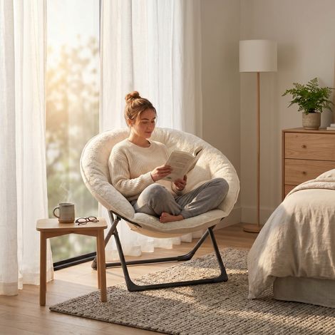 Fauteuil Soucoupe Pliant Chaise Lune Beige Effet Mouton Siège Portable Confortable pour Chambre Dortoir et Salon 80x80x37cm
