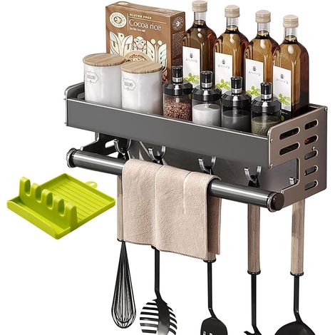 Porte-Épices Mural Sans Perçage 30/40/50 Cm, Rack De Cuisine En Aluminium Avec 5 Crochets, Rangement Épices Cuisine Avec Barre À Serviette Et Support De Couvercle Vert (30cm) (1/5)