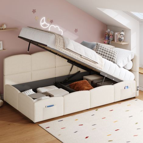 Letto imbottito, letto per bambini, letto singolo, letto contenitore, divano letto 90x200 cm, con rete a doghe, tessuto bouclé, caricatore USB, borsa per il trasporto, letto per ragazzi e letto per ad (1/5)
