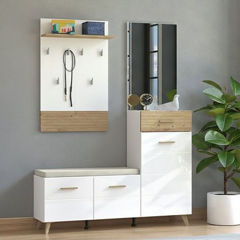 Mueble de Entrada Longa, Espejo Incluido, un Cajón, 6 Estantes, 141x35x189.5h cm Blanco Mate (1/5)