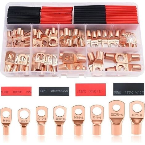 120 Pièces M6/M8 Cosses à Anneau Kit, Cosses de Câble Tubulaires, Cosses de Embouts de Câble de Batterie, pour Câble électrique, avec Gaines Thermorétractables, Doré