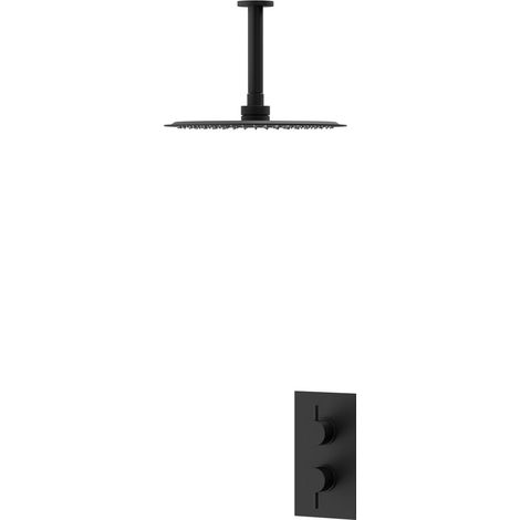 Colore Matt Black Twin Thermostatic Valve Mixer Shower with 300mm Round Fixed Shower Head and Ceiling Arm - 1 Outlet (1/3)