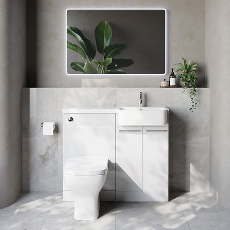 Napoli 250 Gloss White 1000mm 2 Door Vanity Unit Toilet Suite with Right Hand Round Rico Semi Recessed Basin - 1000mm - Chrome 160mm HandleWith Kingston Toilet Pan and Seat