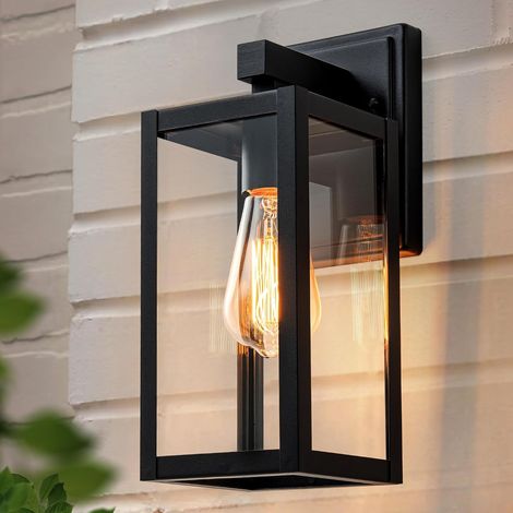 Applique Murale Exterieur E27,Max 60W, Lanterne Murale Exterieur avec Abat Jour en Verre Transparent,Moderne Porche Éclairage Mural d'Extérieur,Noir Mat Jardin Luminaire Mural,IP44 Étanche (1/5)