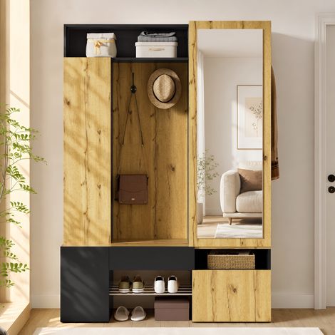Vestiaire d'entrée multifonction avec miroir, 127x35x180 cm - meuble à chaussures, penderie et patères - Meuble d'entrée bois, moderne Noir (1/5)