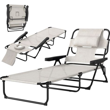 Chaise longue de jardin pliante dossier réglable sur 4 niveaux, trou de lecture et appui-tête 72 x 194 x 89 cm crème (1/5)