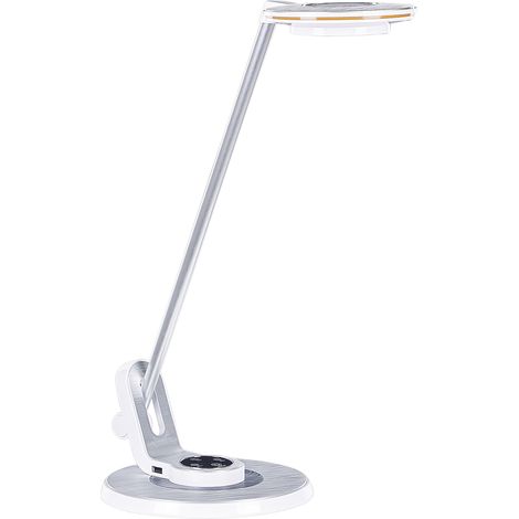 Lámpara de oficina LED de metal plateado blanco 45 cm brazo ajustable USB Corvus