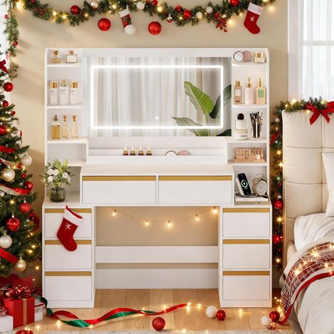 135cm Toeletta Trucco con Specchio, Toeletta con LED e Prese, Grande Tavolo da Trucco con Supporto per Asciugacapelli, 8 Cassetti e Ripiani Aperti, Moderno, Bianco-Oro (1/5)