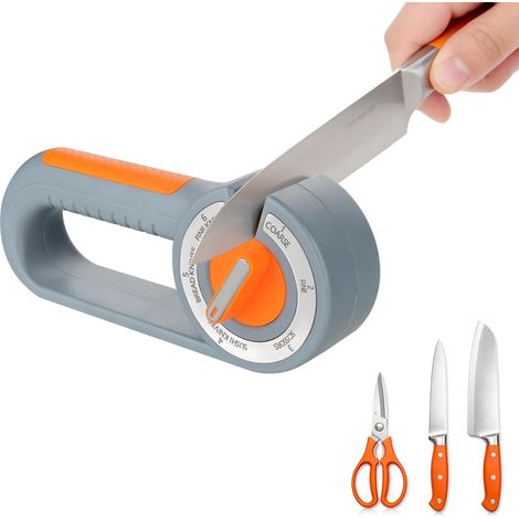 6-in-1-Messerschärfer, manuell, Grau-Orange  Für Küchenmesser und Scheren, rutschfester Boden. Geeignet für Küche, Restaurant, Garten und Camping.