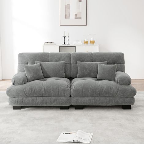 Canapé d'angle en chenille gris, 220 x 77 x 81 cm, 2 coussins HAVRYA (1/5)