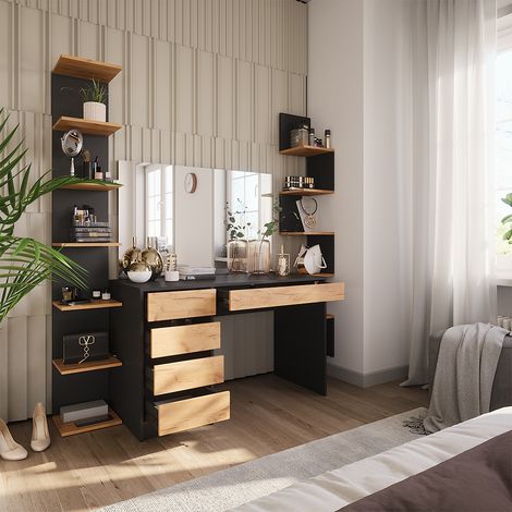 Schminktisch Sherry, Anthrazit/Goldkraft Eiche, 120 x 75 cm mit Spiegel, Vicco
