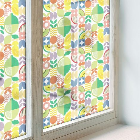 Sichtschutzfolie 100x116 cm Dekorfolie Blickdicht Folie für Badezimmer Sichtschutz Fenster Milchglas PVC Dekorativ Selbstklebend Bunte Früchte
