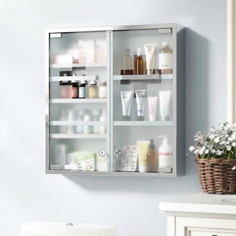 Armoire à pharmacie verrouillable avec 2 clés, porte vitrée et 6 étagères, 48 x 46 x 12 cm, argentée (1/5)