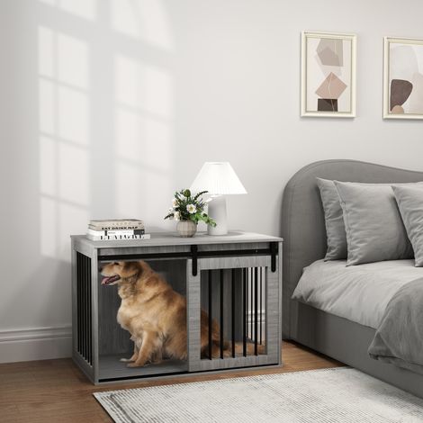 Cage pour chien avec porte coulissante, ventilation, panneaux de particules et acier, 98 x 58 x 61 cm, grise
