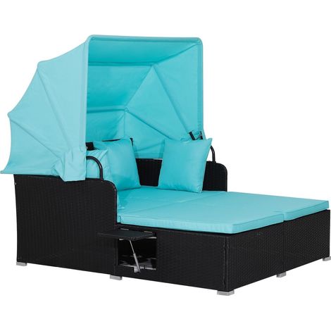 Outdoor Hand-Woven PE Wicker Daybed Patio Loveseat Sofa Set Retractable Canopy (1/5)