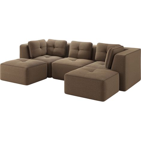 Sofá modular de salón de 3 plazas con ottomana en terciopelo de pana marrón 297x177x69 cm (1/5)