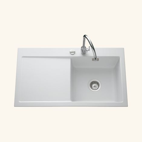Evier céramique blanc mat Systemceram CLEYA 1 grand bac - égouttoir gauche (1/2)