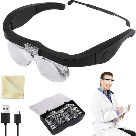 Rechargeable Illuminating LED Magnifying Glasses, 1.5X, 2.5X, 3.X, 5X Magnifying Glasses with Light, 4 Detachable Lenses, Reading Head Magnifier for Electronic Work USB Luminous Hands Free (1/5)