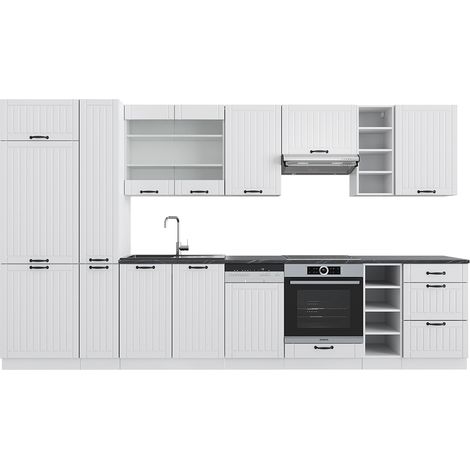 Küchenzeile Fame-Line, Weiß Landhaus/Weiß, 355 cm mit Hochschrank, ohne Arbeitsplatte, Vicco (1/5)