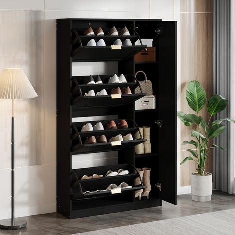 Moderne Schuhschrank mit Spiegel, 4 klappbaren Aufbewahrungsfächern, verstellbarem Regalbrett hinter dem rechten Spiegel, ideal für den Flur, Schwarz, Maße: B80/H147/T24 cm (1/5)