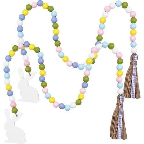 Guirlande de Pâques en bois perlée avec pompon et étiquette lapin, lot de 10 décorations pour la maison (1/5)