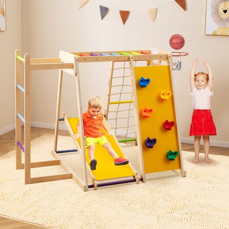 Aire de Jeux pour Enfants Structure d'Escalade avec Toboggan Rampe Panier de Basket Barre de Singe Filet de Corde pour 3-14 Ans Coloré (1/2)