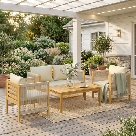 Ensemble de mobilier de jardin, salon de jardin en bois pour 4 personnes avec canapé 2 places, 2 fauteuils, table, tressage en corde, design à lattes, coussins lavables
