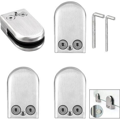 Set di 4 staffe di serraggio in acciaio inox - Clip per vetro - Supporto piatto - Con strato di gomma e vite di regolazione fine - Per spessori di vetro da 6 a 8 mm - Per corrimano, (1/5)