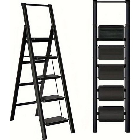 Scala pieghevole 5 gradini 85x42x161 cm in acciaio nero antiscivolo casa ufficio - CHICFURN (1/5)