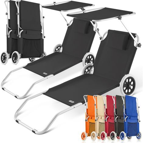 CASARIA® Set of 2 Foldable Sun Loungers with Wheels & Sun Canopy – 5-Position Adjustable Aluminum Lounger for Garden, Beach, Balcony, Patio, Pool, or Camping Beige (1/5)