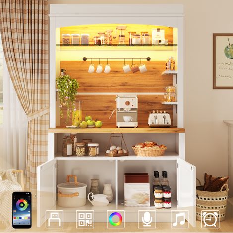 Armoire haute avec éclairage LED & étagère en verre, buffet de 184 cm de haut avec barre de crochets, blanc, chargeable jusqu'à 60 kg (1/5)