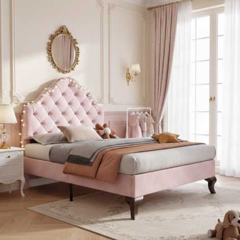 Polsterbett Samt Rosa 90x200 cm mit Lattenrost und höhenverstellbarem Kopfteil (1/5)