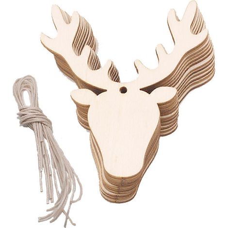 10 décorations en bois en forme de tête de cerf pour sapin de Noël, étiquettes décoratives en bois représentant des rennes. Décoration à suspendre pour sapin de Noël. (1/5)