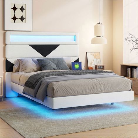 Cama 160x200 Terciopelo Beige - Cabecero LED y USB - Estructura Doble Moderna - Somier Incluido