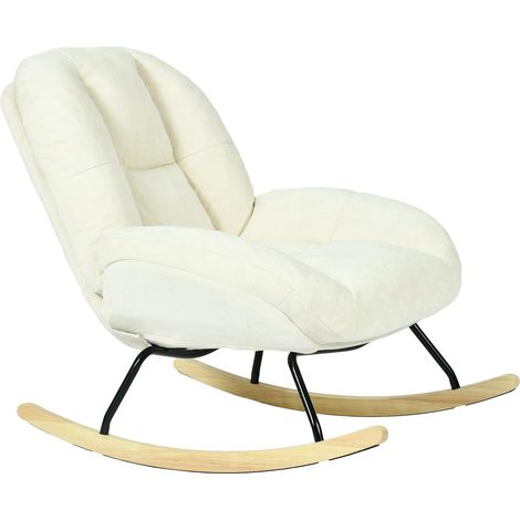 Meuble Cosy Fauteuil à Bascule Scandinave, Rocking Chair en Tissu Chenille, Chaise à Bascule Allaitement, Pieds en Bois d’Hévéa, pour Salon Chambre, Blanc crème (1/5)